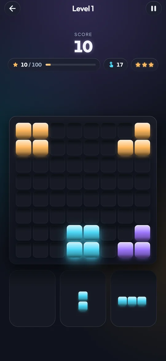 A Glazewick board mid-game: jewel blocks on dark glass, three pieces in the tray
