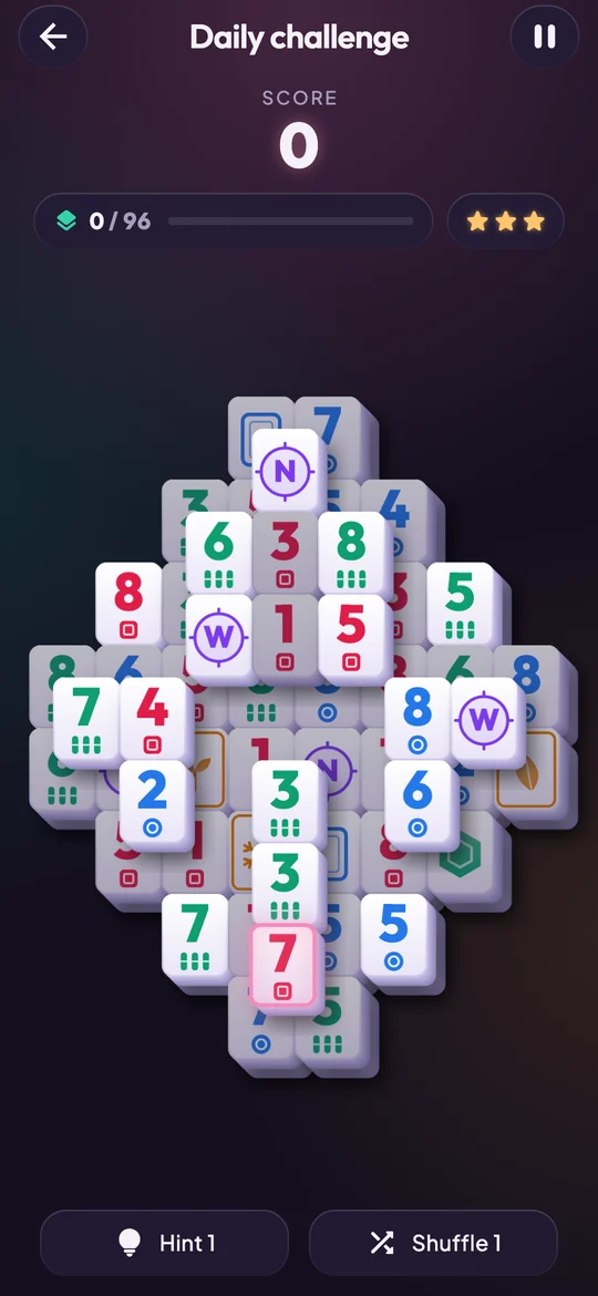 A Lotuswick daily board: pearl tiles stacked in layers on a dark ground, one tile chosen