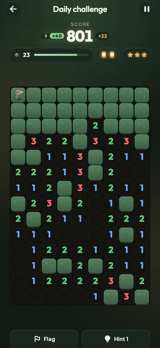 A Minewick daily board half dug: dark earth with coloured numbers among moss stones