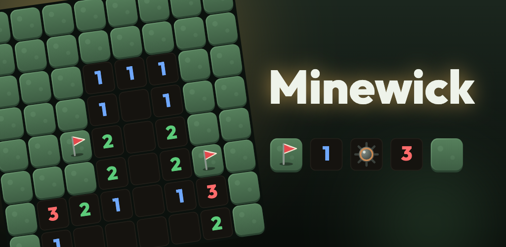Minewick: a tilted field of moss stones and dug numbers beside the game's name