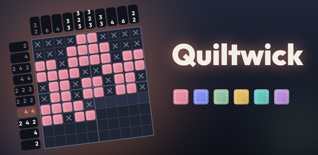 Quiltwick: a star block half sewn in rose patches beside the game's name and a row of fabrics