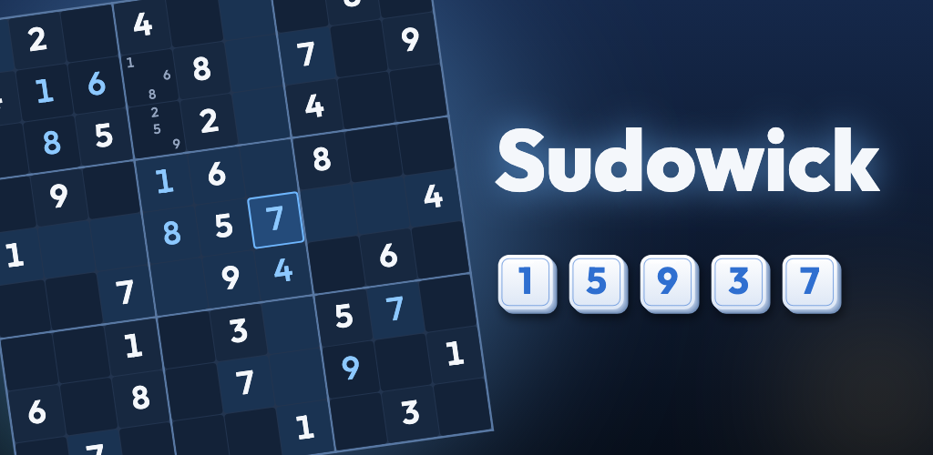 Sudowick: a tilted sudoku grid beside the game's name and a row of porcelain number tiles