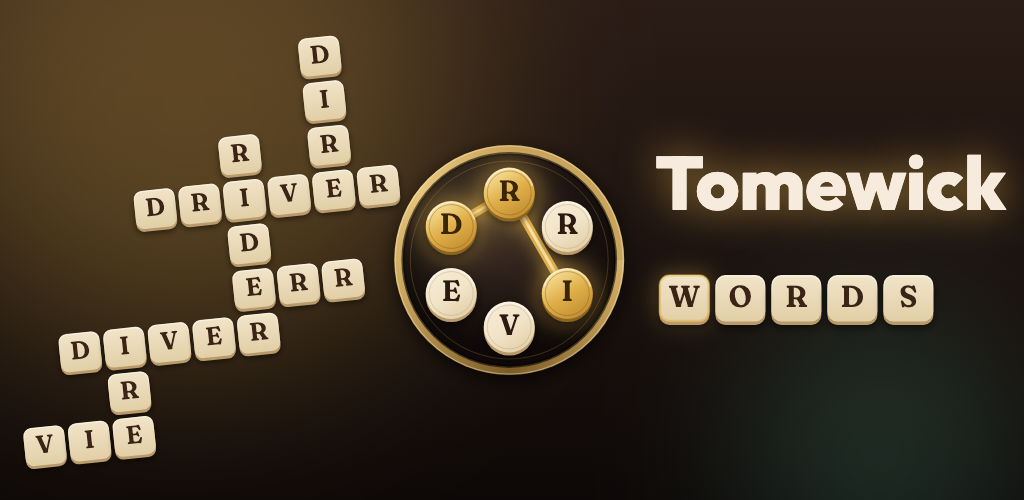 Tomewick: a tilted crossword of parchment tiles and the brass letter wheel beside the game's name