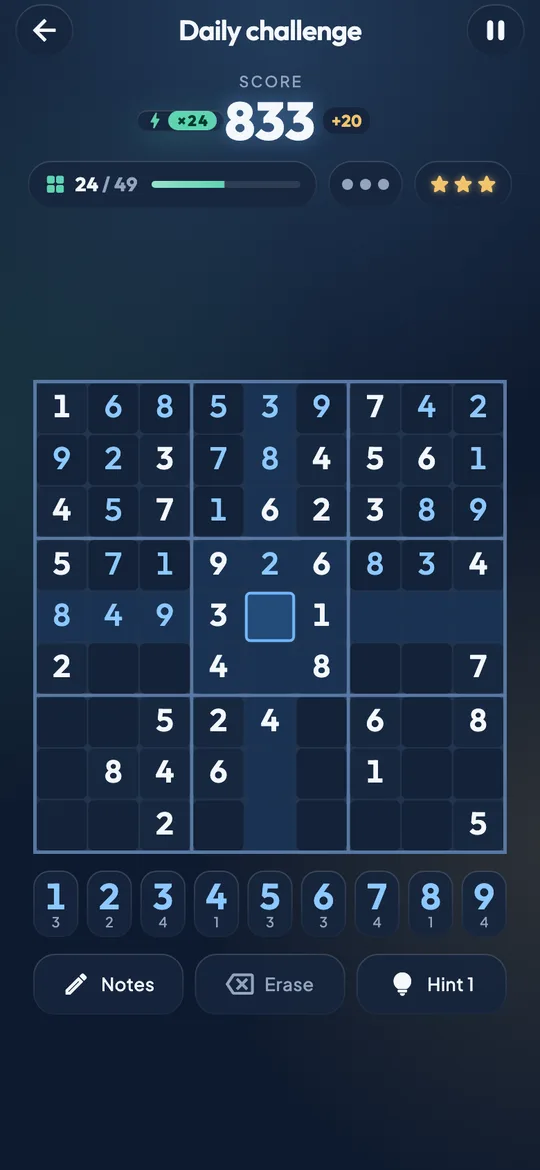A Sudowick daily grid half filled: white givens, pale blue values and a chosen cell