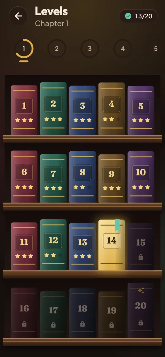 The Tomewick levels as a bookcase: cloth-bound spines with gold numbers and stars, the next level gilded with a bookmark