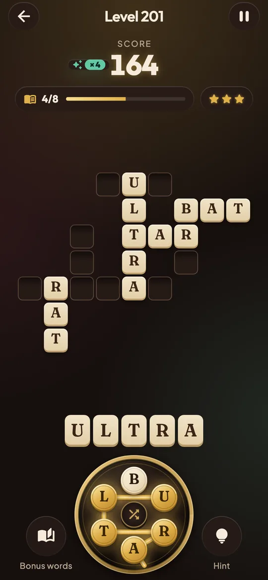 A Tomewick page half solved: parchment tiles in a crossword above a brass wheel of letters with a gold swipe